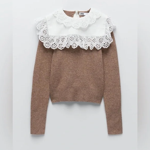 Zara sweater beige camel tan knitted collar lace - Picture 3 of 7